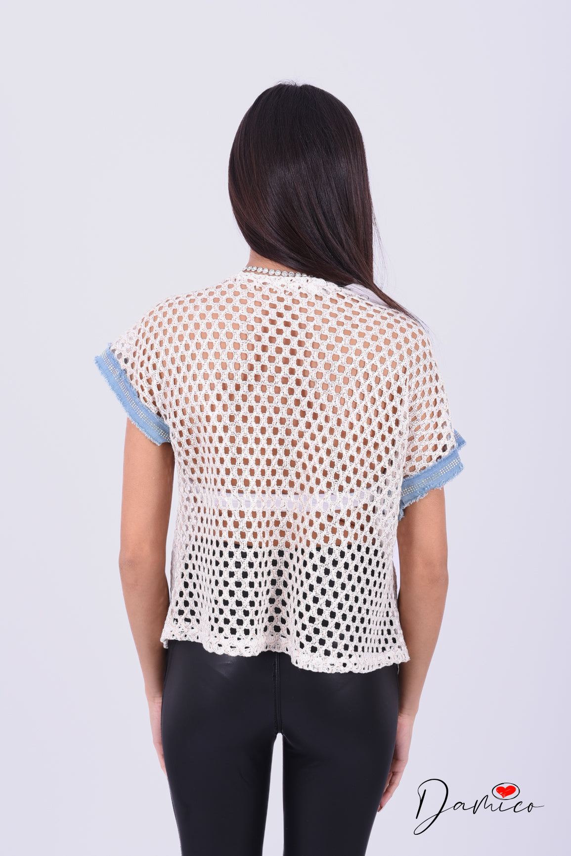 T-shirt traforata manica Denim