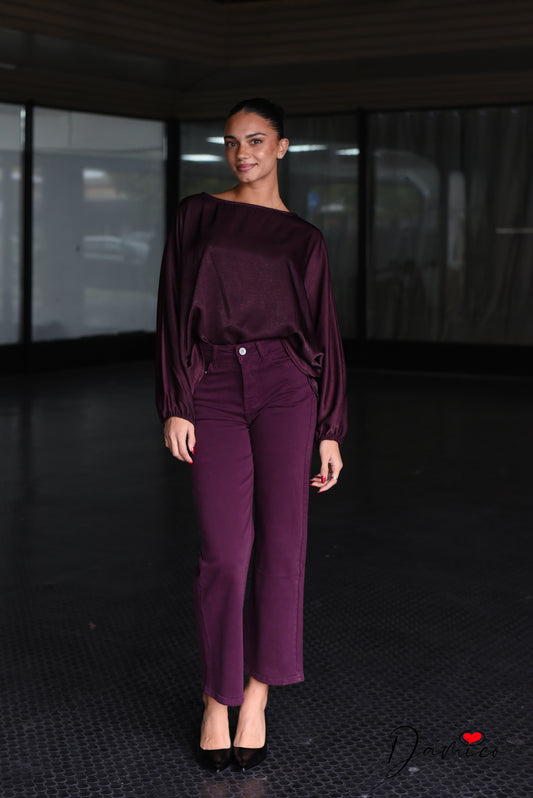 Blusa satinata pipistrello girocollo