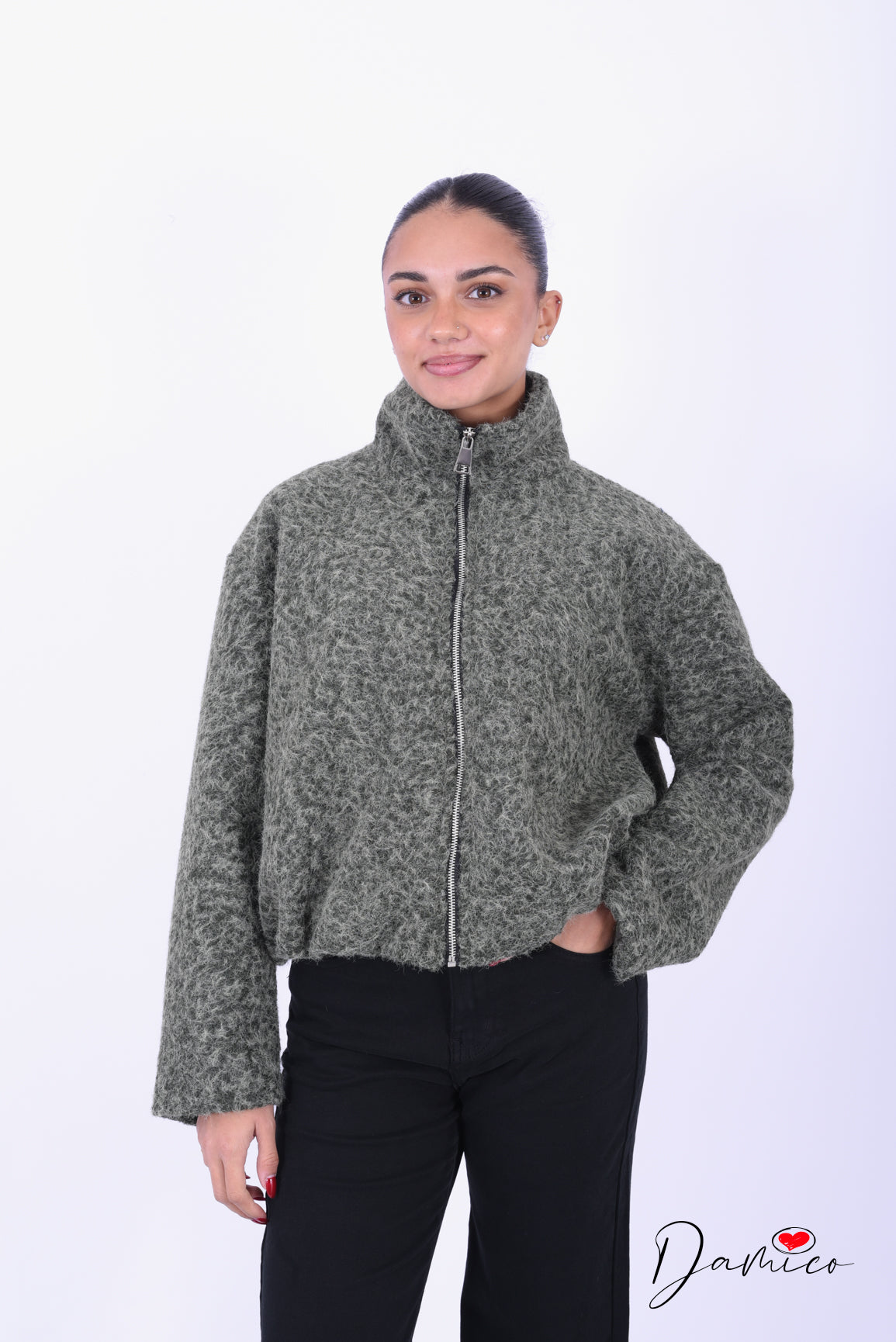 Giacca bouclè zip collo alto