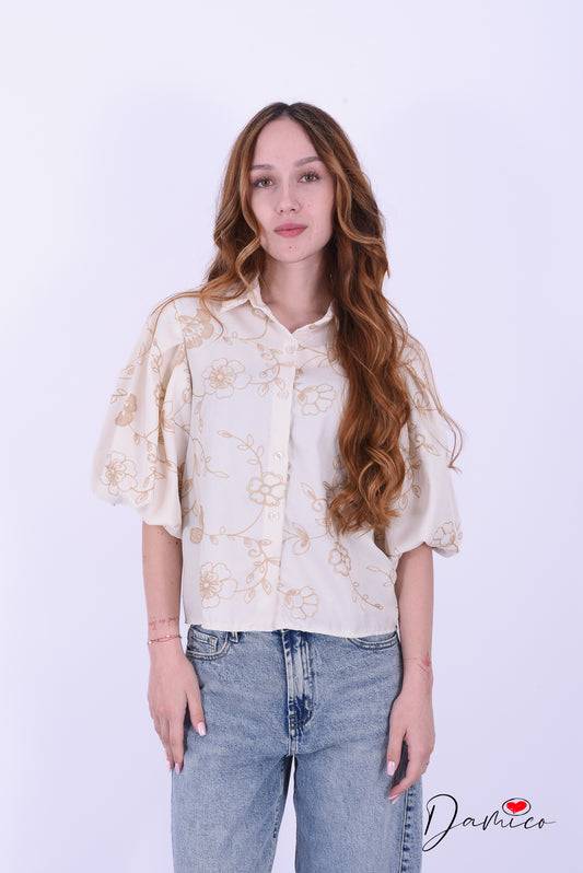 Camicia mc a palloncino fiori ricamati