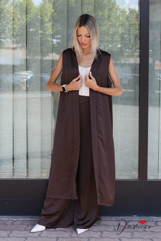 Completo gilet lungo + panta palazzo satin