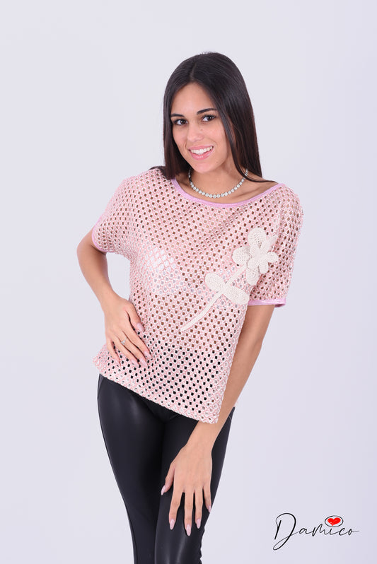 T-shirt traforata bordo rosa