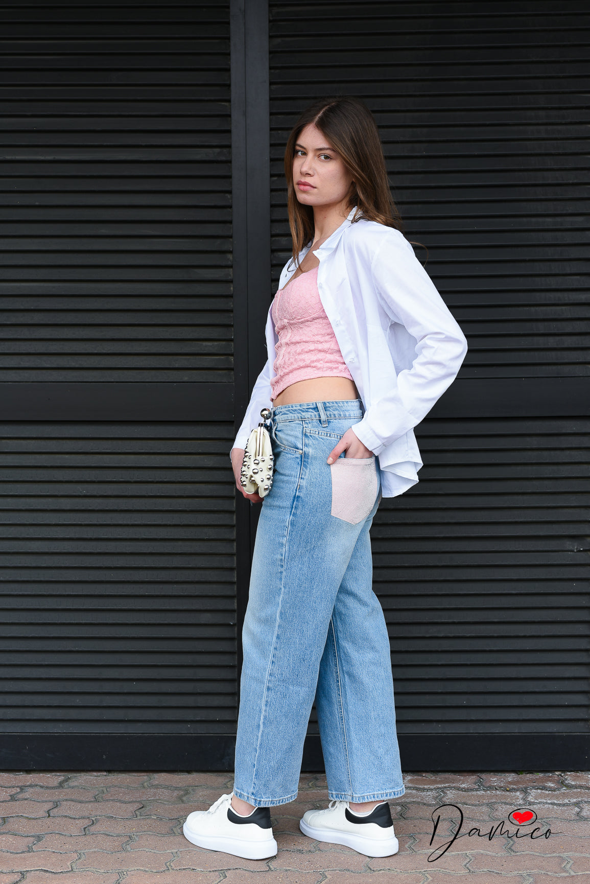 Jeans mom fit tasche rosa