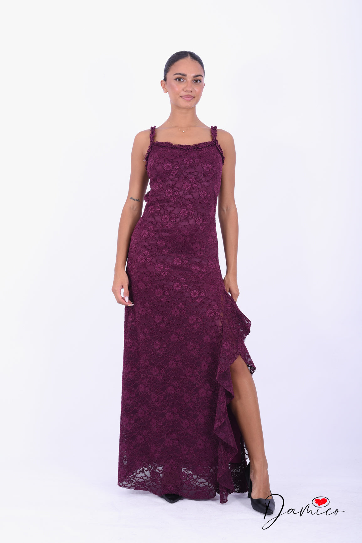 Abito guipure backless spacco volant