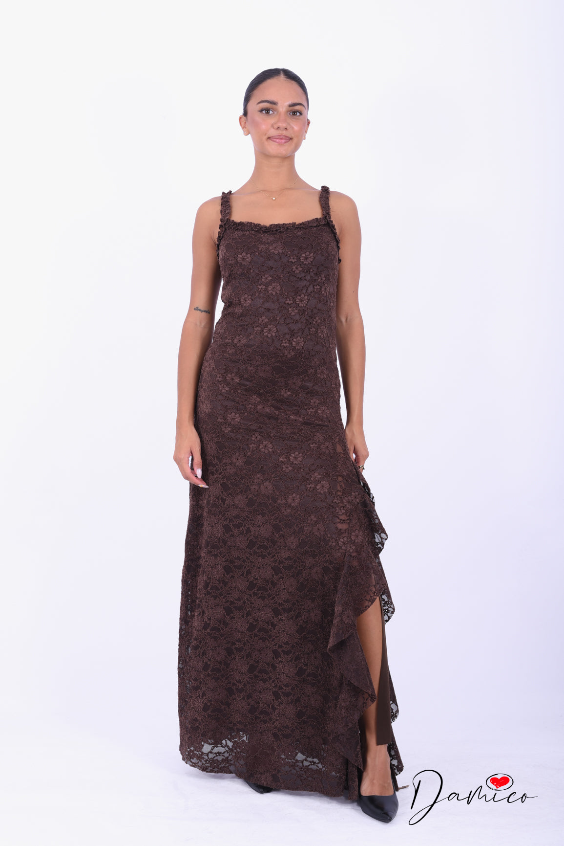 Abito guipure backless spacco volant