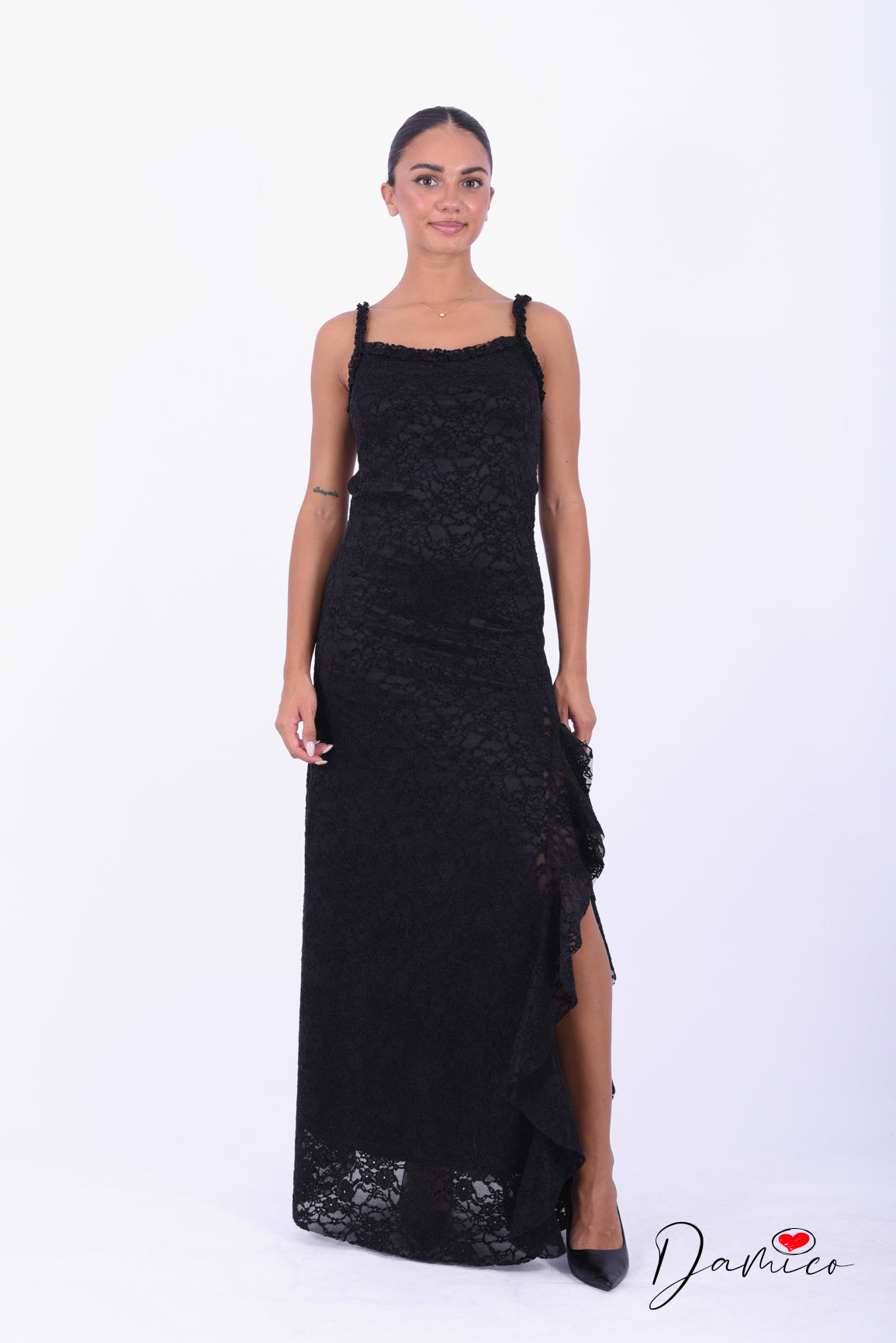 Abito guipure backless spacco volant