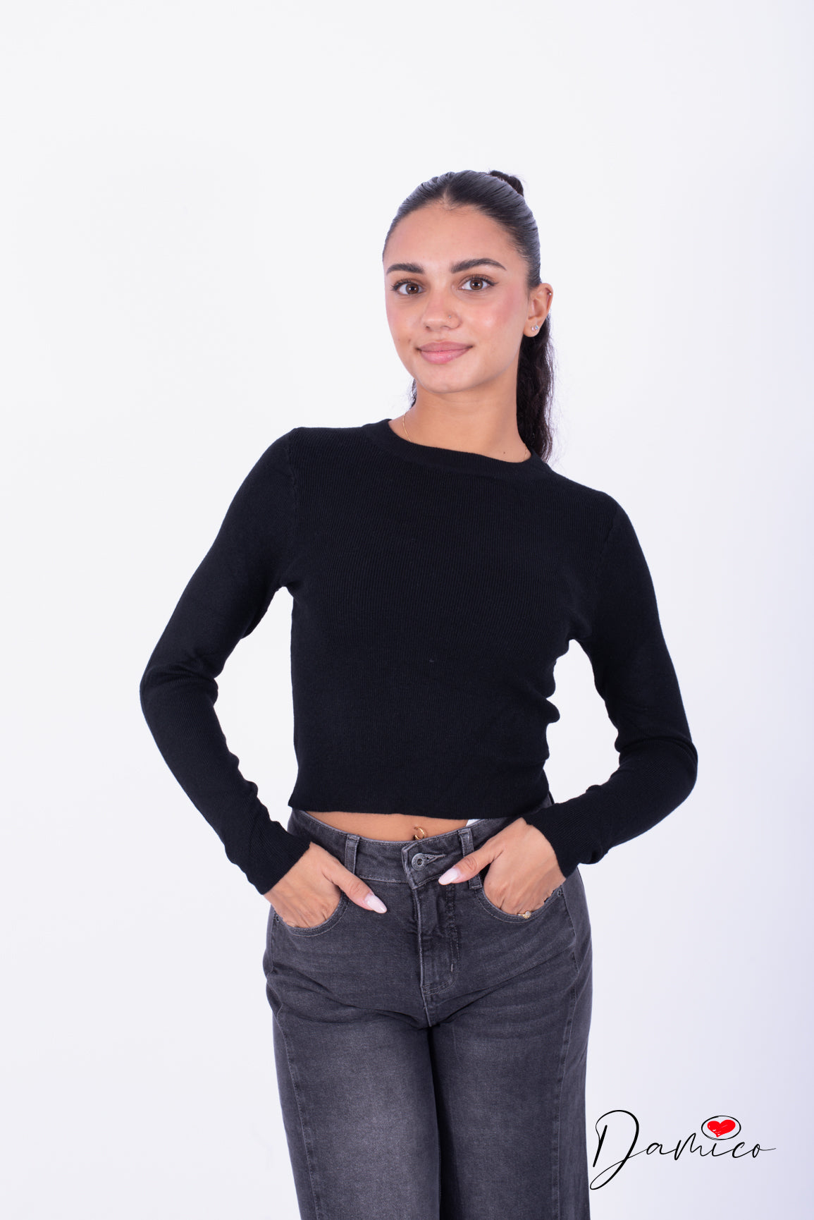 Maglia girocollo microcostinata