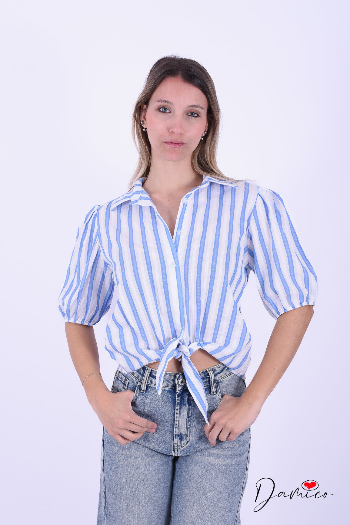 Camicia 3/4 a righe nodino cotone