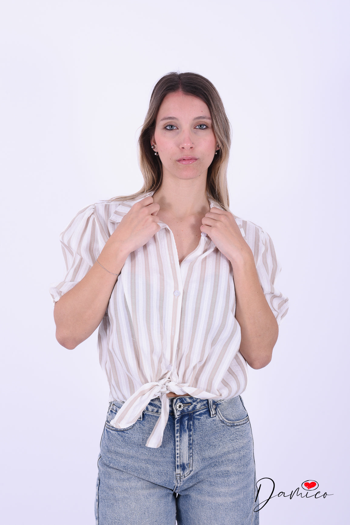 Camicia 3/4 a righe nodino cotone