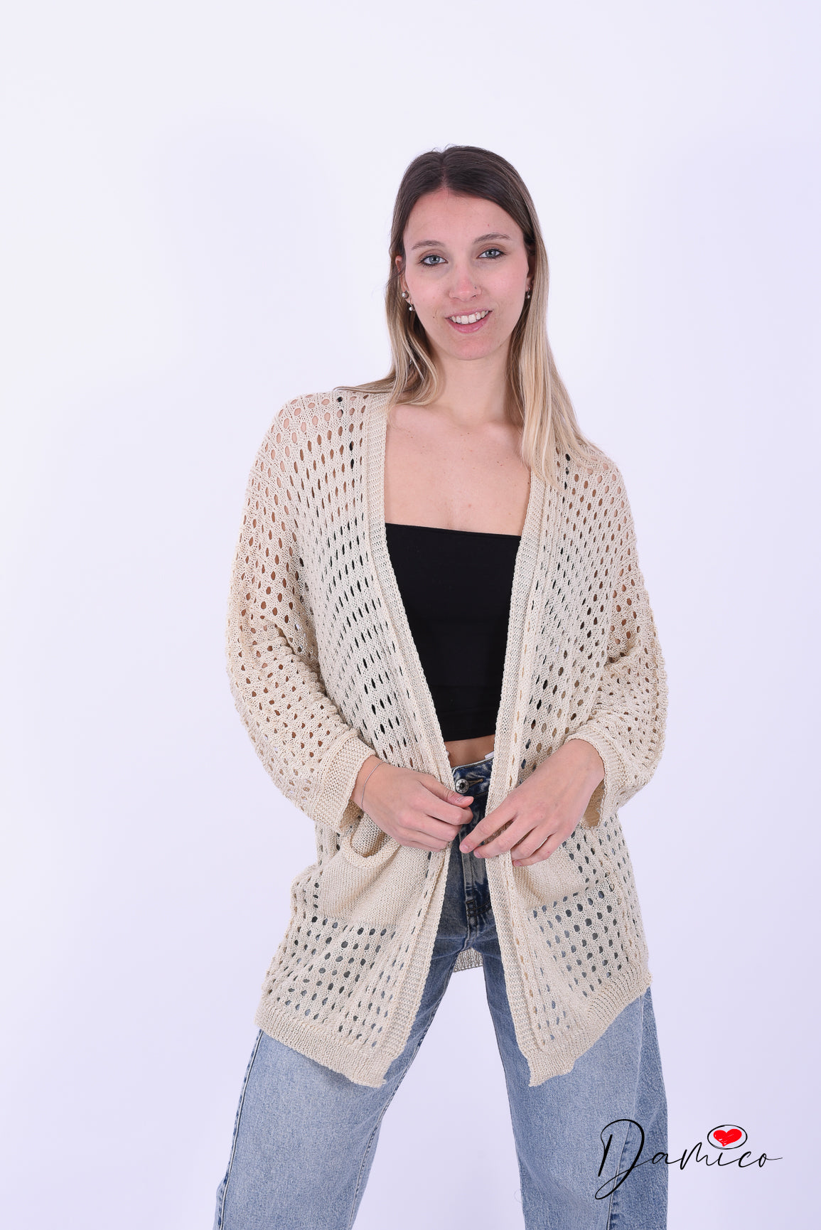 Cardigan traforato con tasche