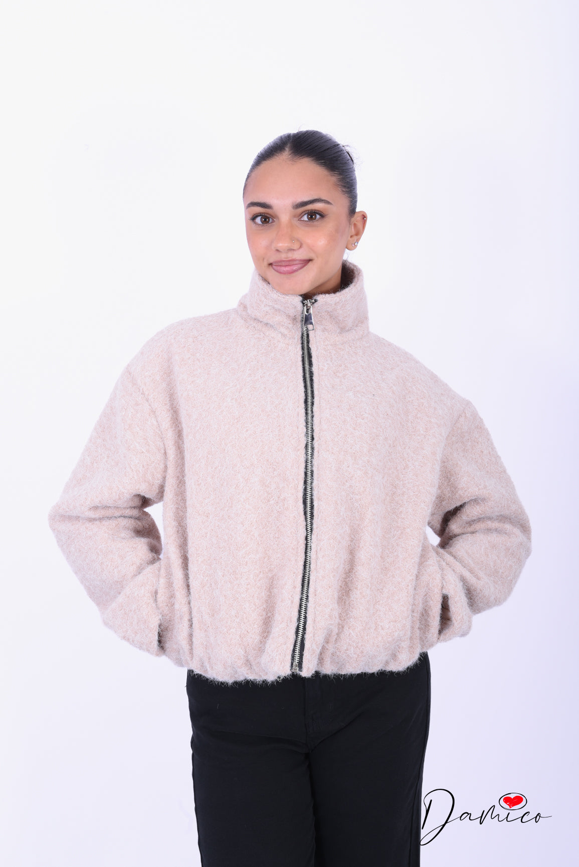 Giacca bouclè zip collo alto