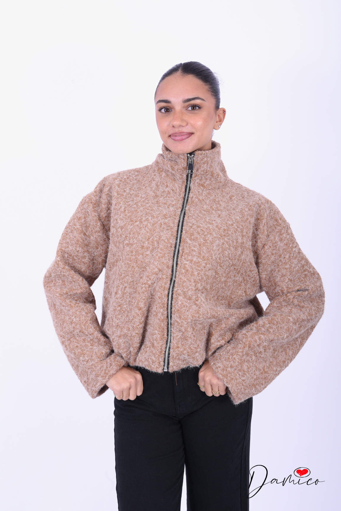Giacca bouclè zip collo alto