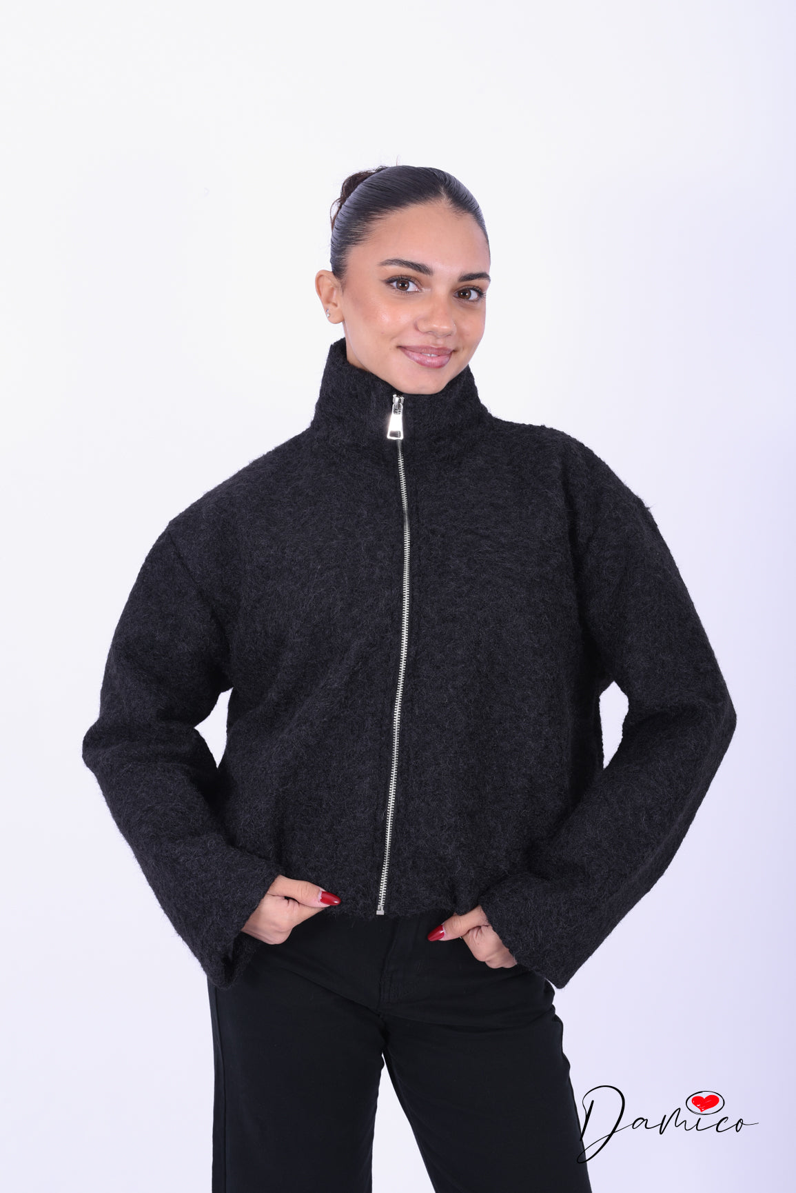 Giacca bouclè zip collo alto