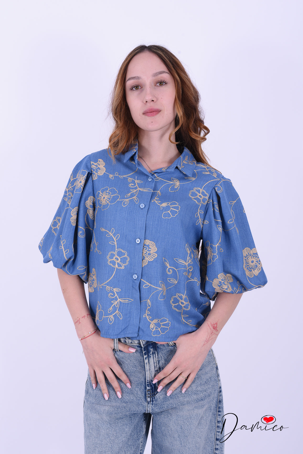 Camicia mc a palloncino fiori ricamati