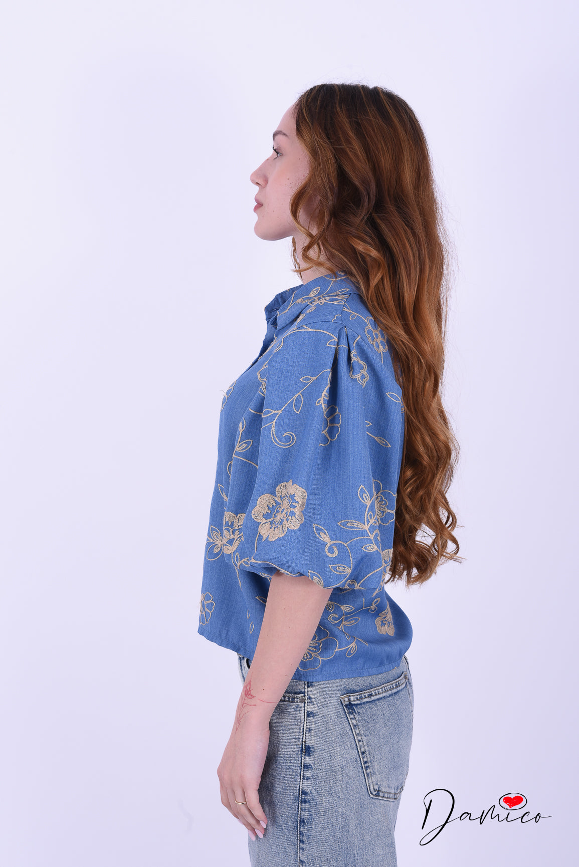 Camicia mc a palloncino fiori ricamati