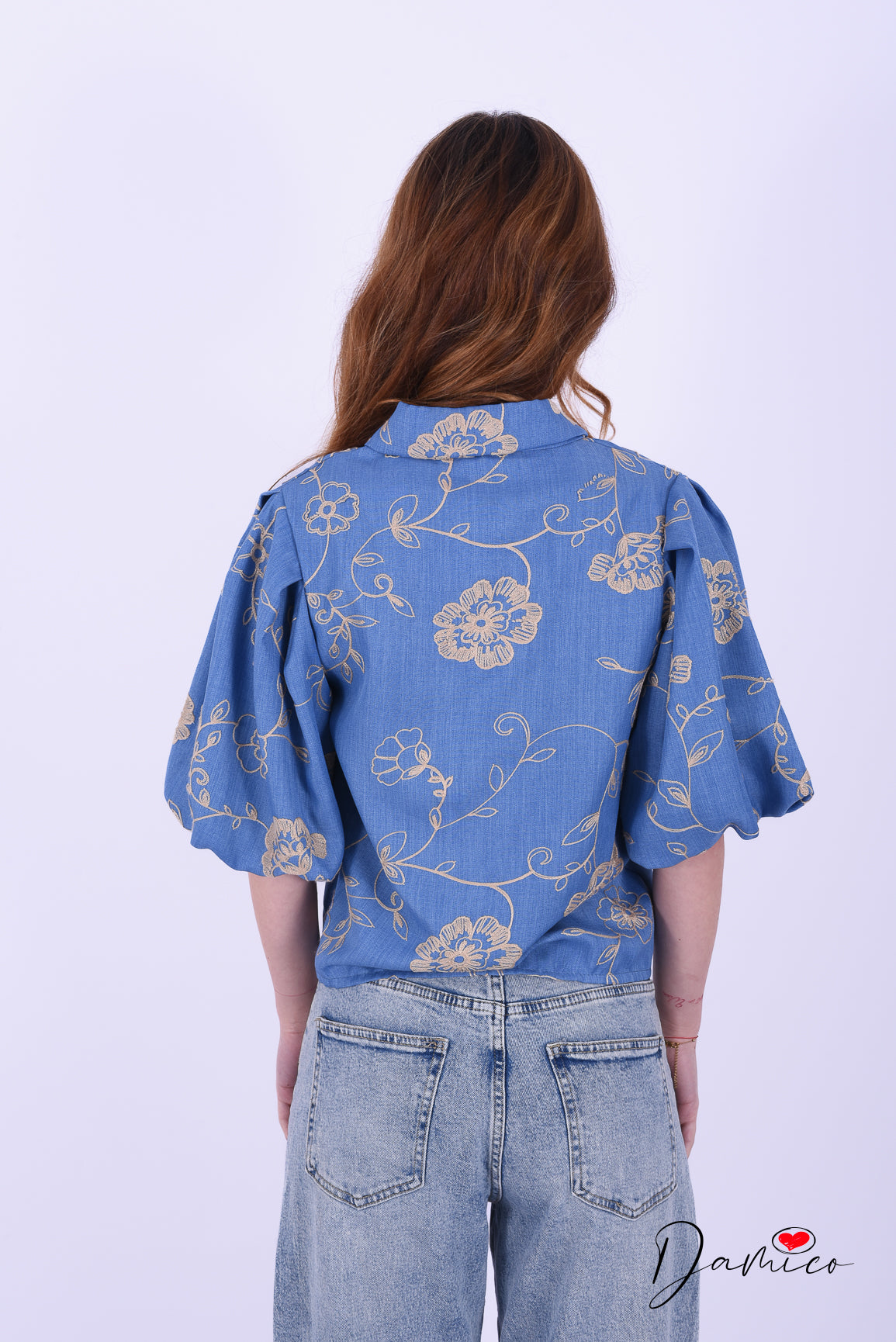 Camicia mc a palloncino fiori ricamati