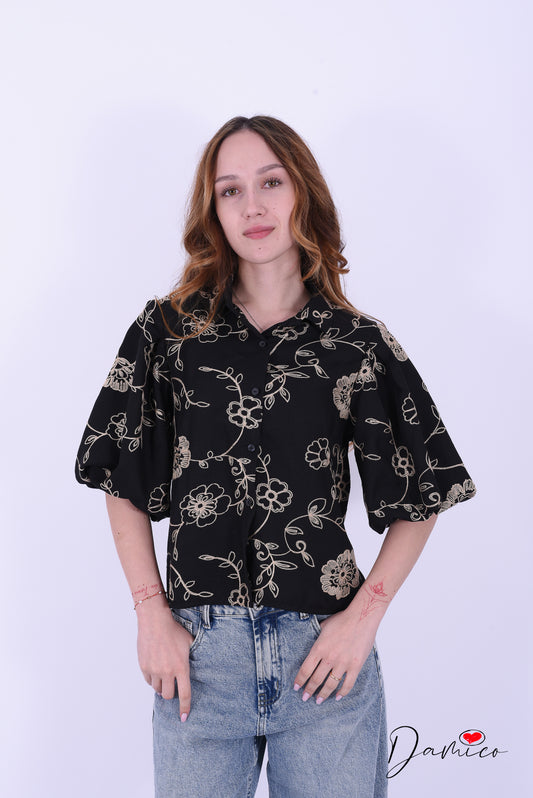 Camicia mc a palloncino fiori ricamati