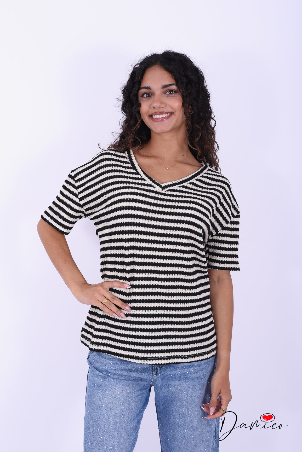 T-shirt a righe scollo a v breathable