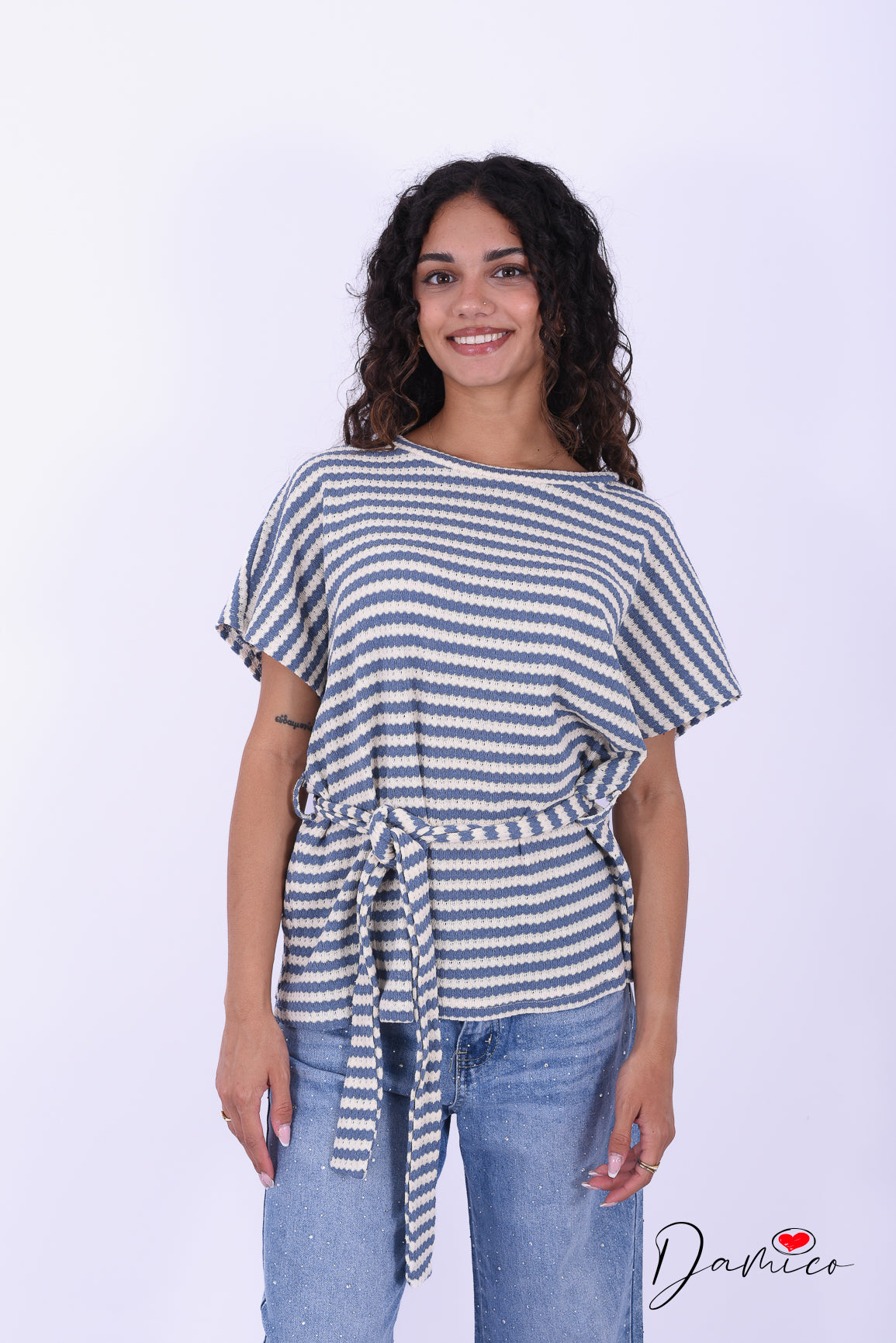 T-shirt lunga a righe breathable con cinturina