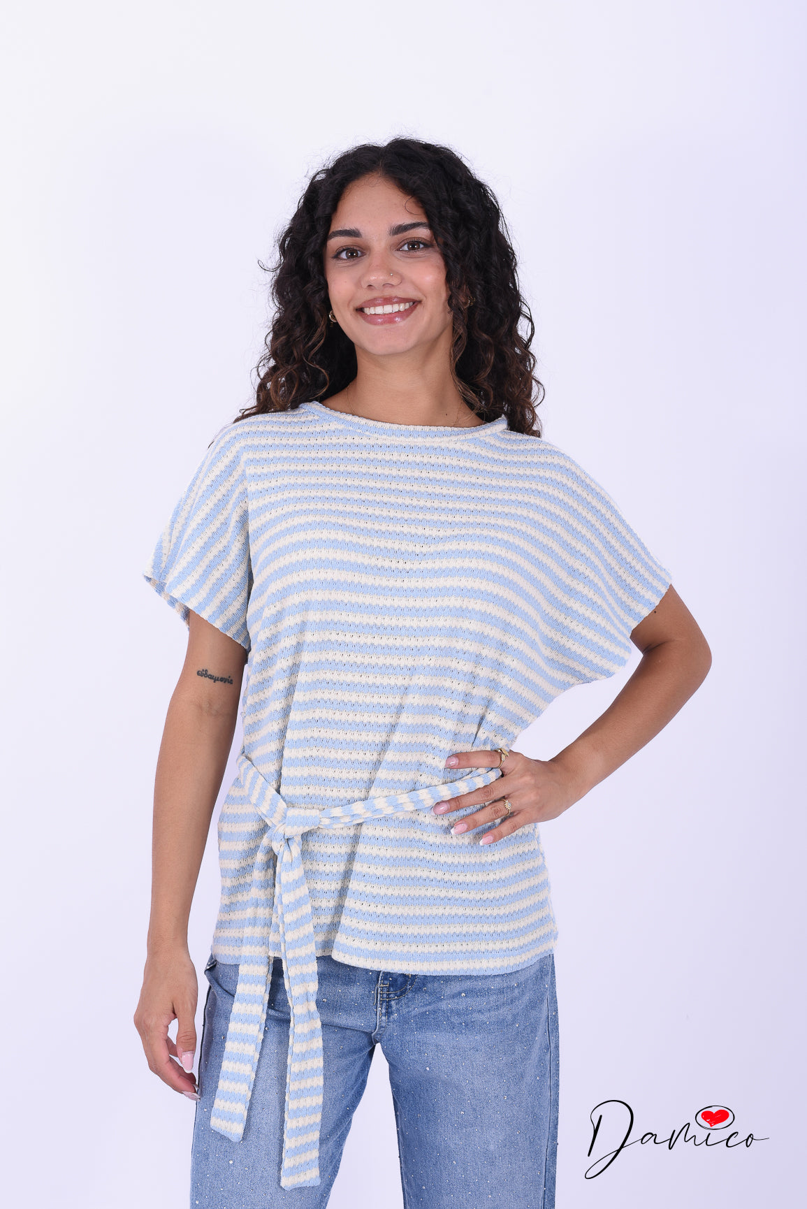 T-shirt lunga a righe breathable con cinturina