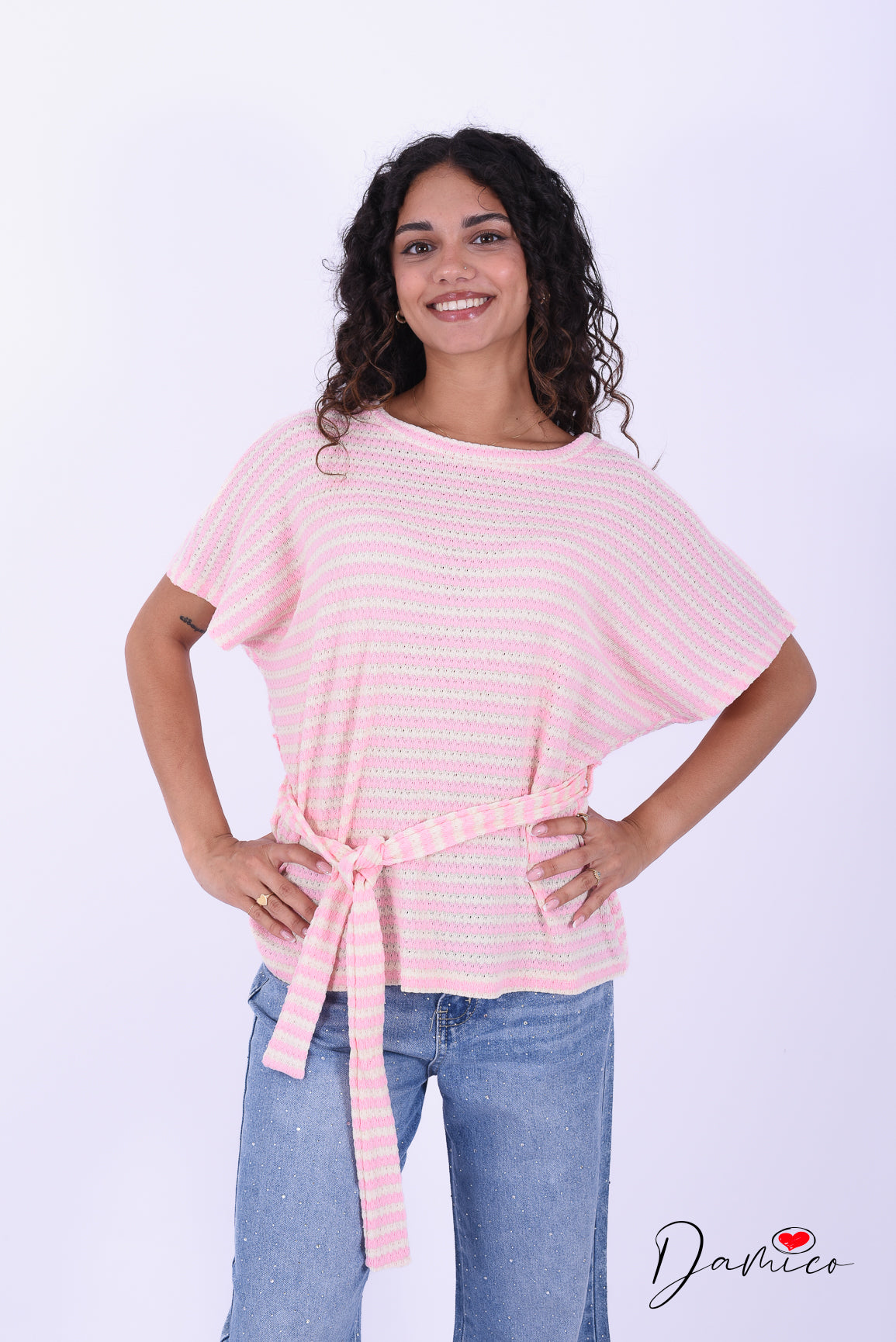 T-shirt lunga a righe breathable con cinturina