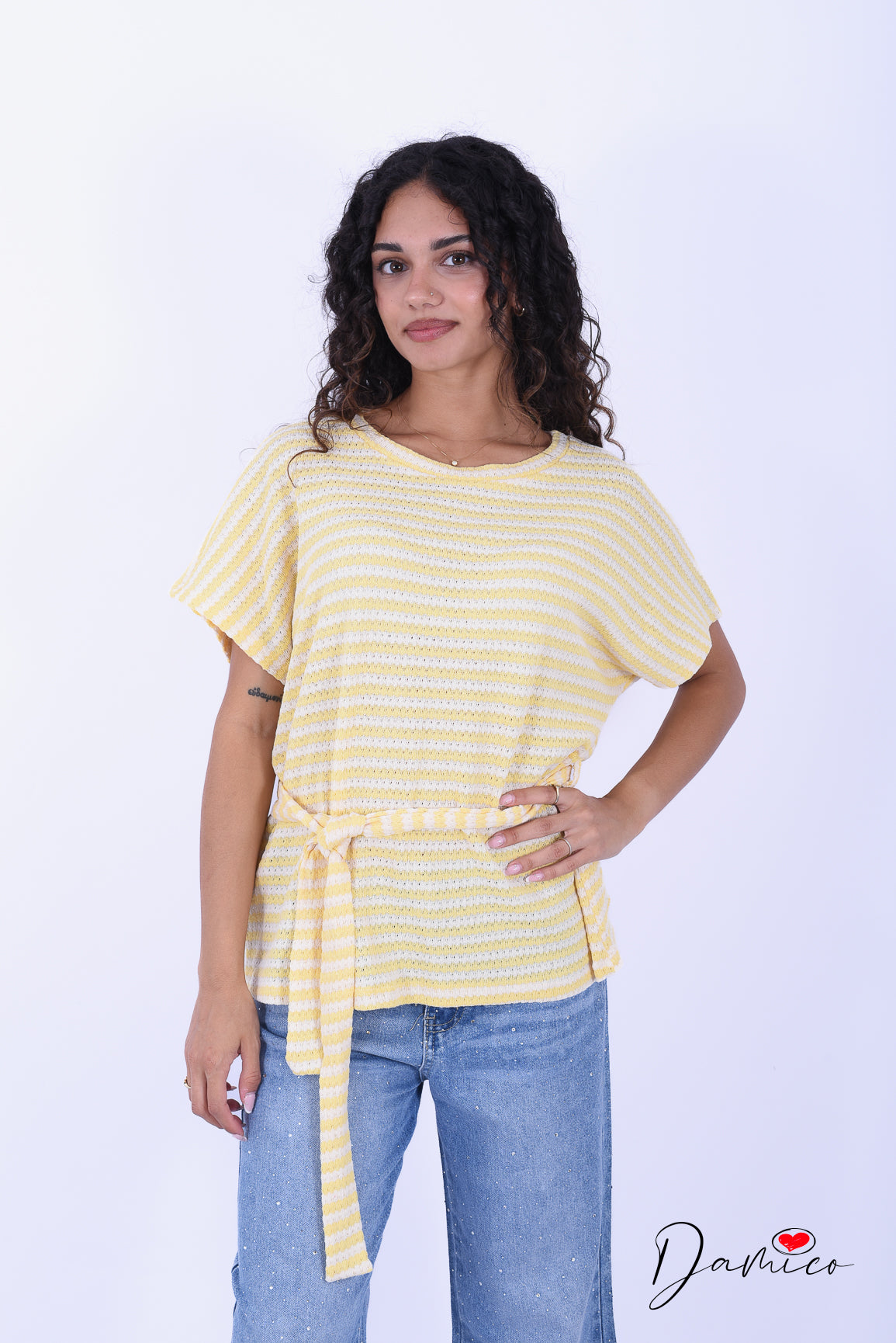 T-shirt lunga a righe breathable con cinturina