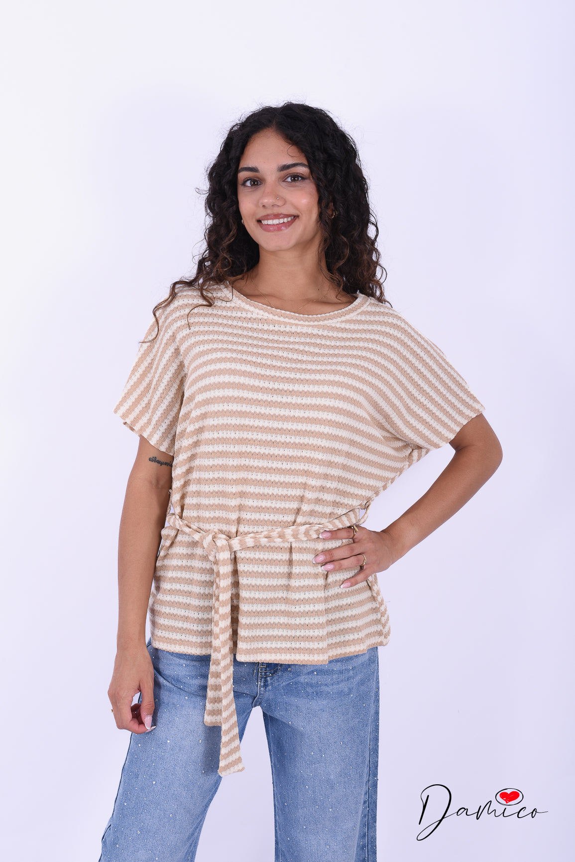 T-shirt lunga a righe breathable con cinturina