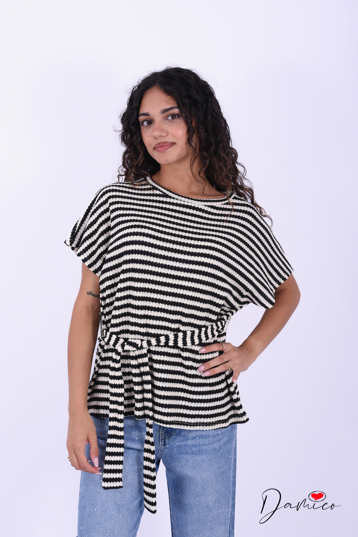 T-shirt lunga a righe breathable con cinturina