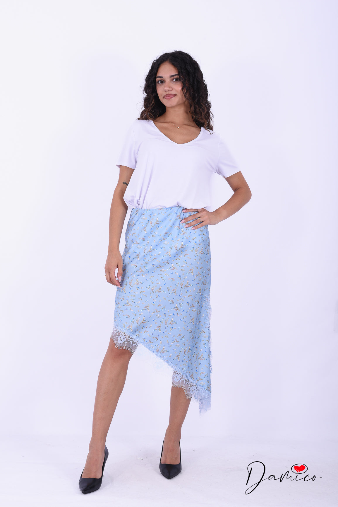 Gonna satin svasata pizzo flowers