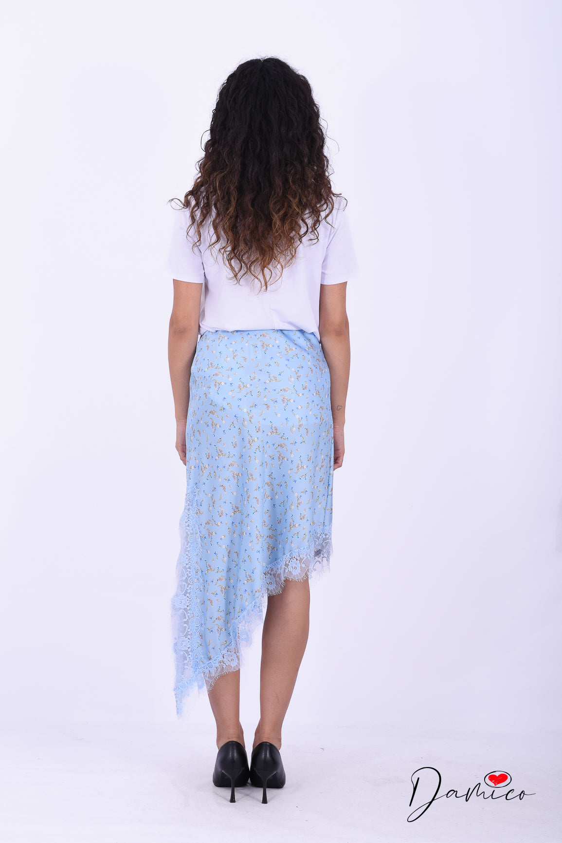 Gonna satin svasata pizzo flowers
