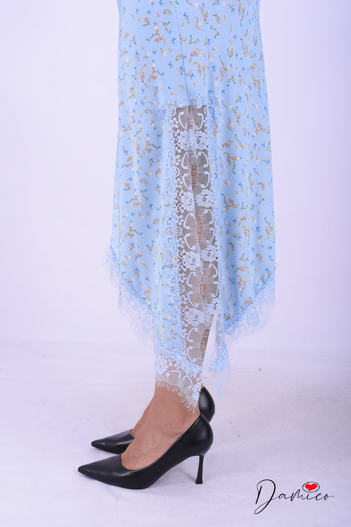 Gonna satin svasata pizzo flowers