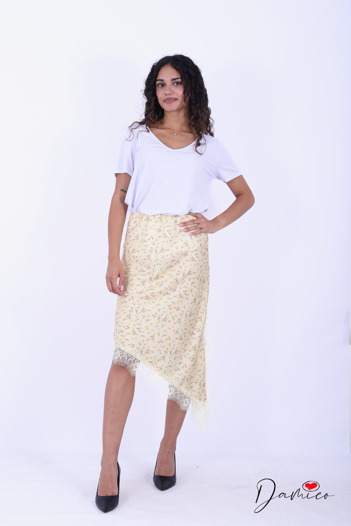 Gonna satin svasata pizzo flowers