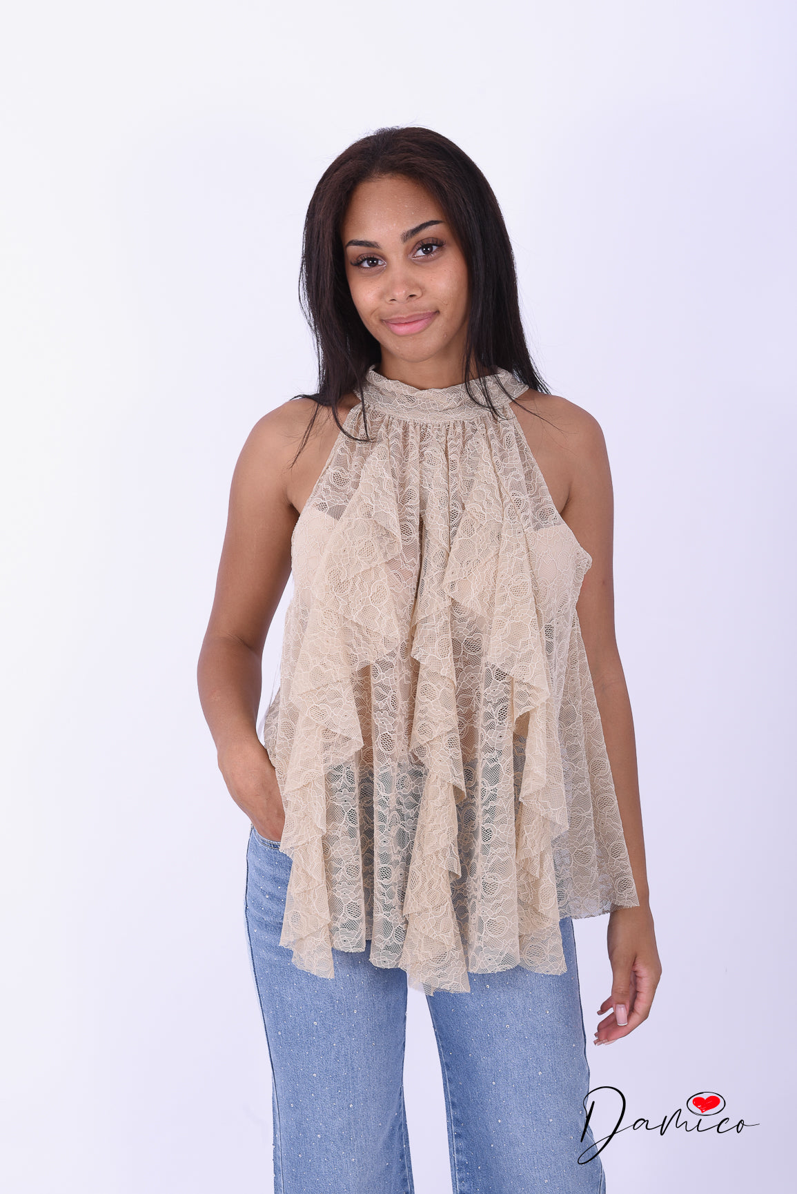 Canotta halter pizzo volant