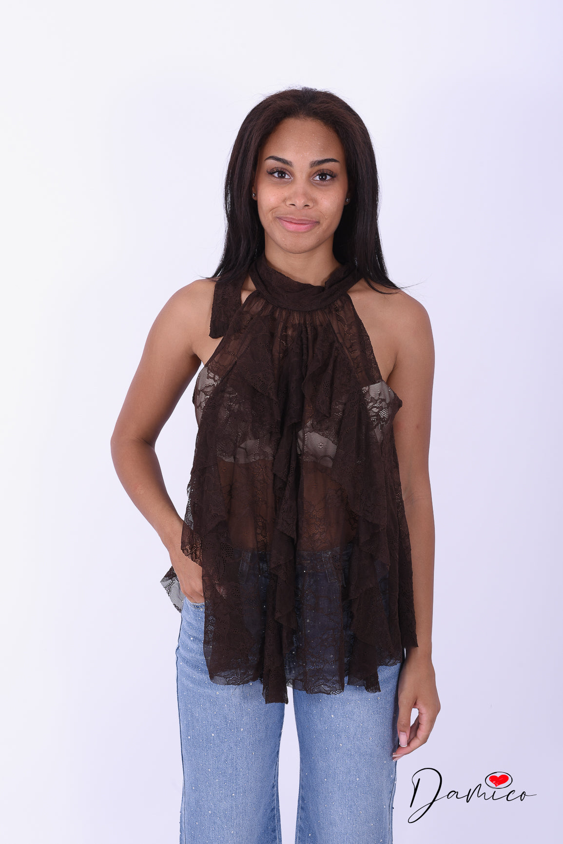 Canotta halter pizzo volant