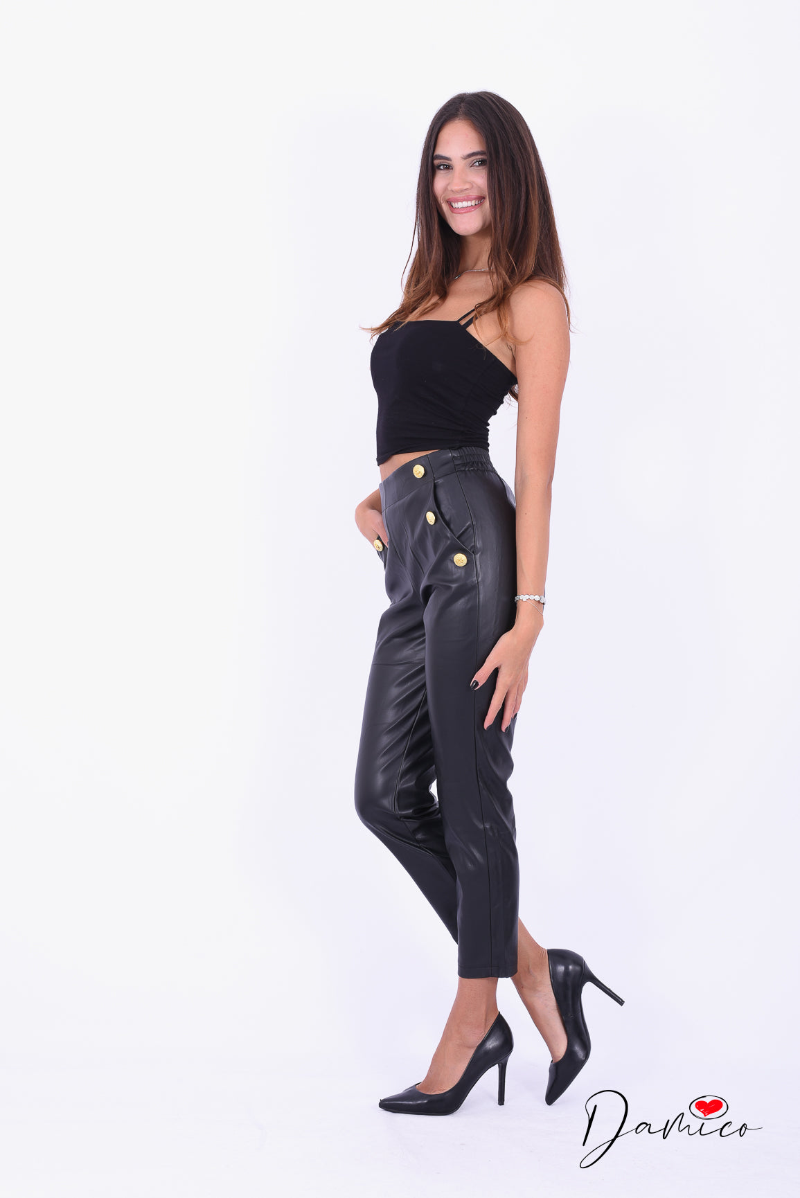 Pantalone ecopelle con bottoni