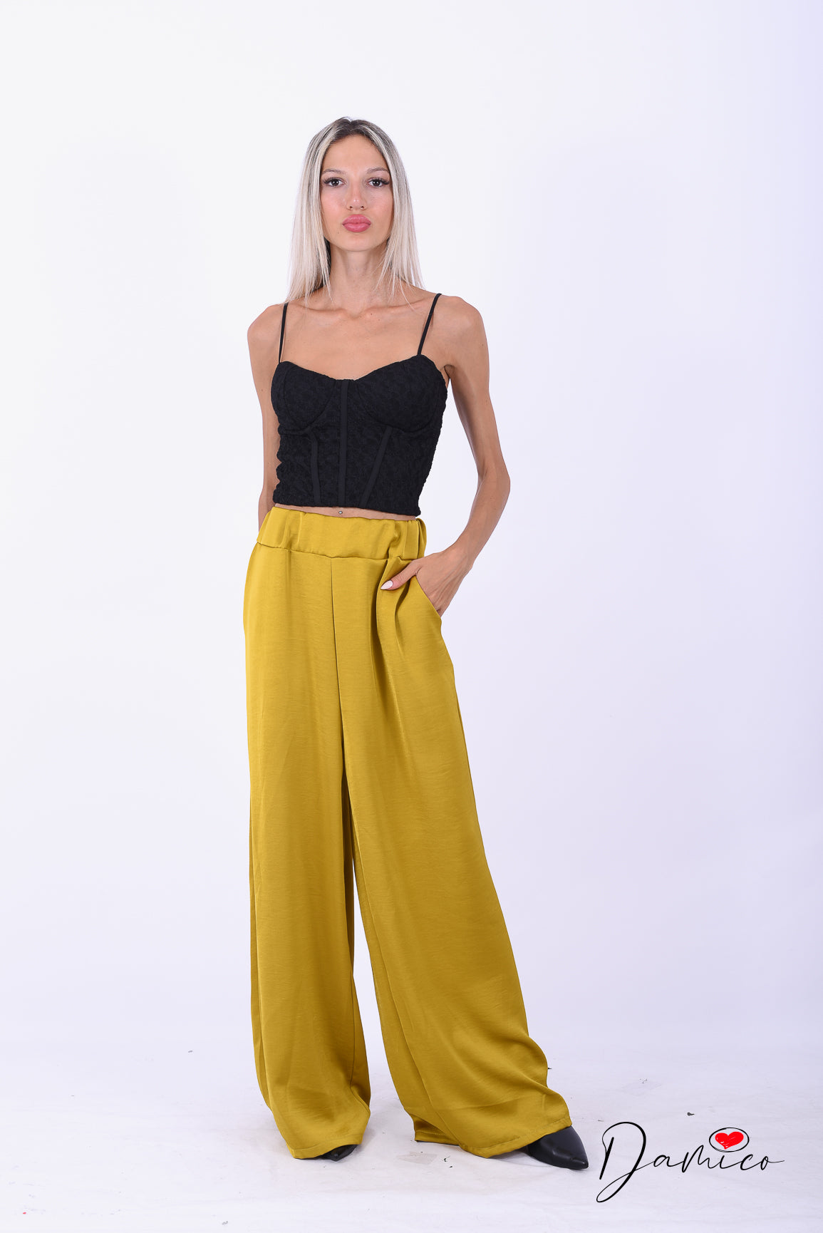 Completo gilet lungo + panta palazzo satin