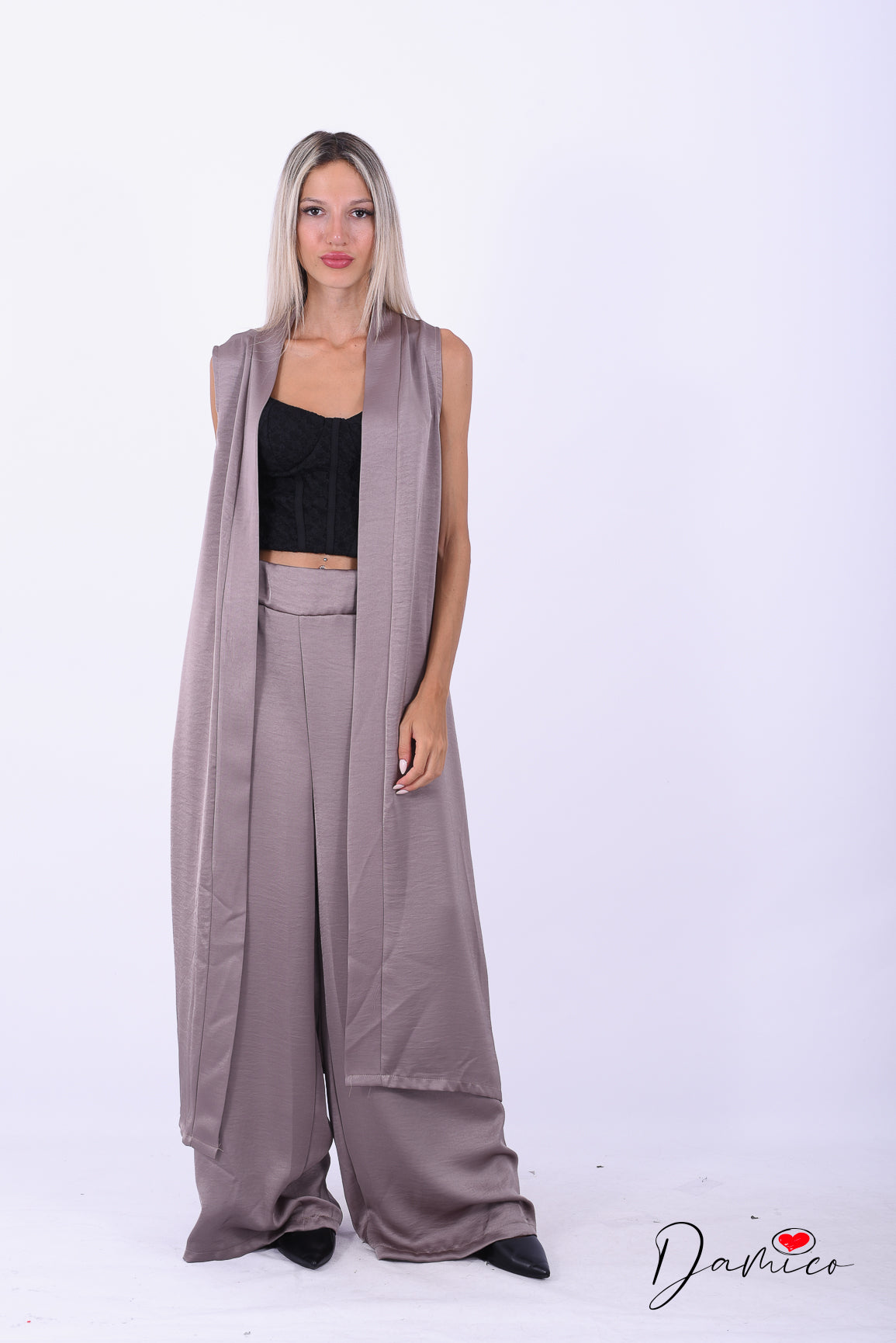 Completo gilet lungo + panta palazzo satin