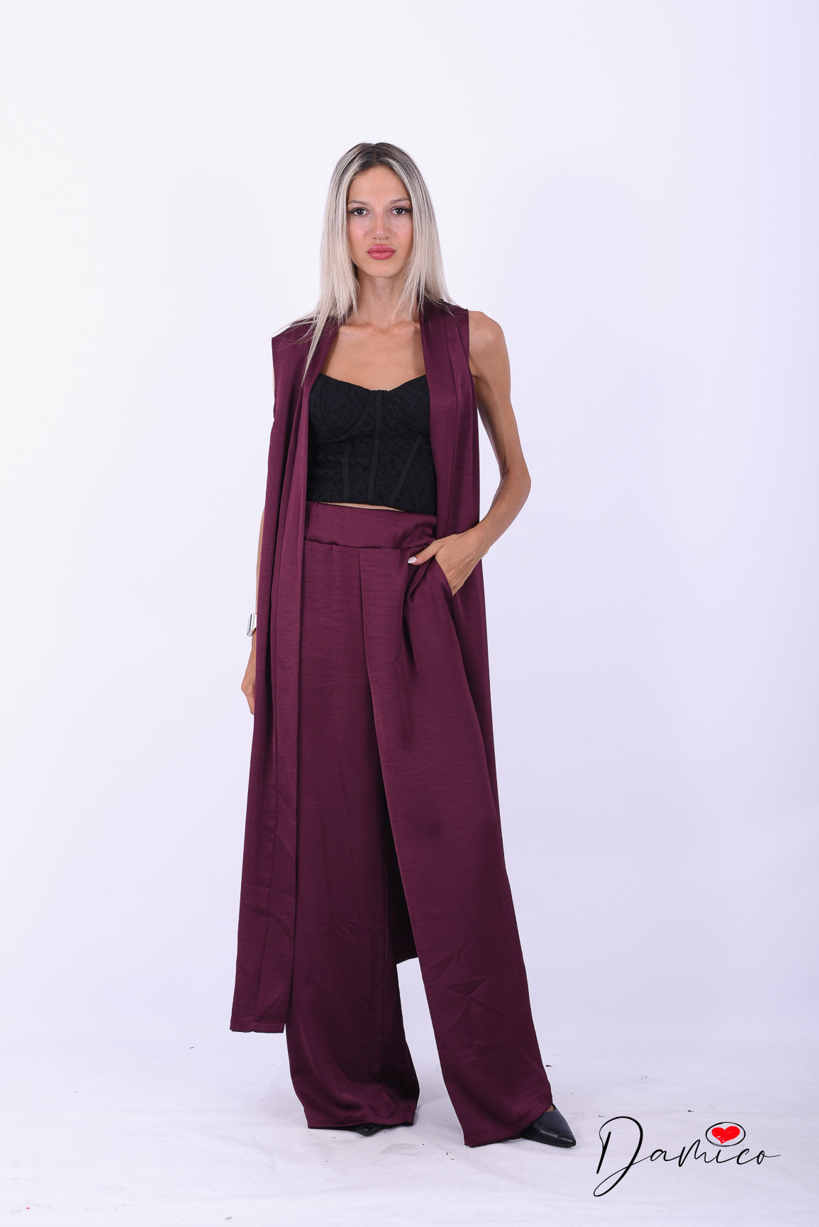 Completo gilet lungo + panta palazzo satin