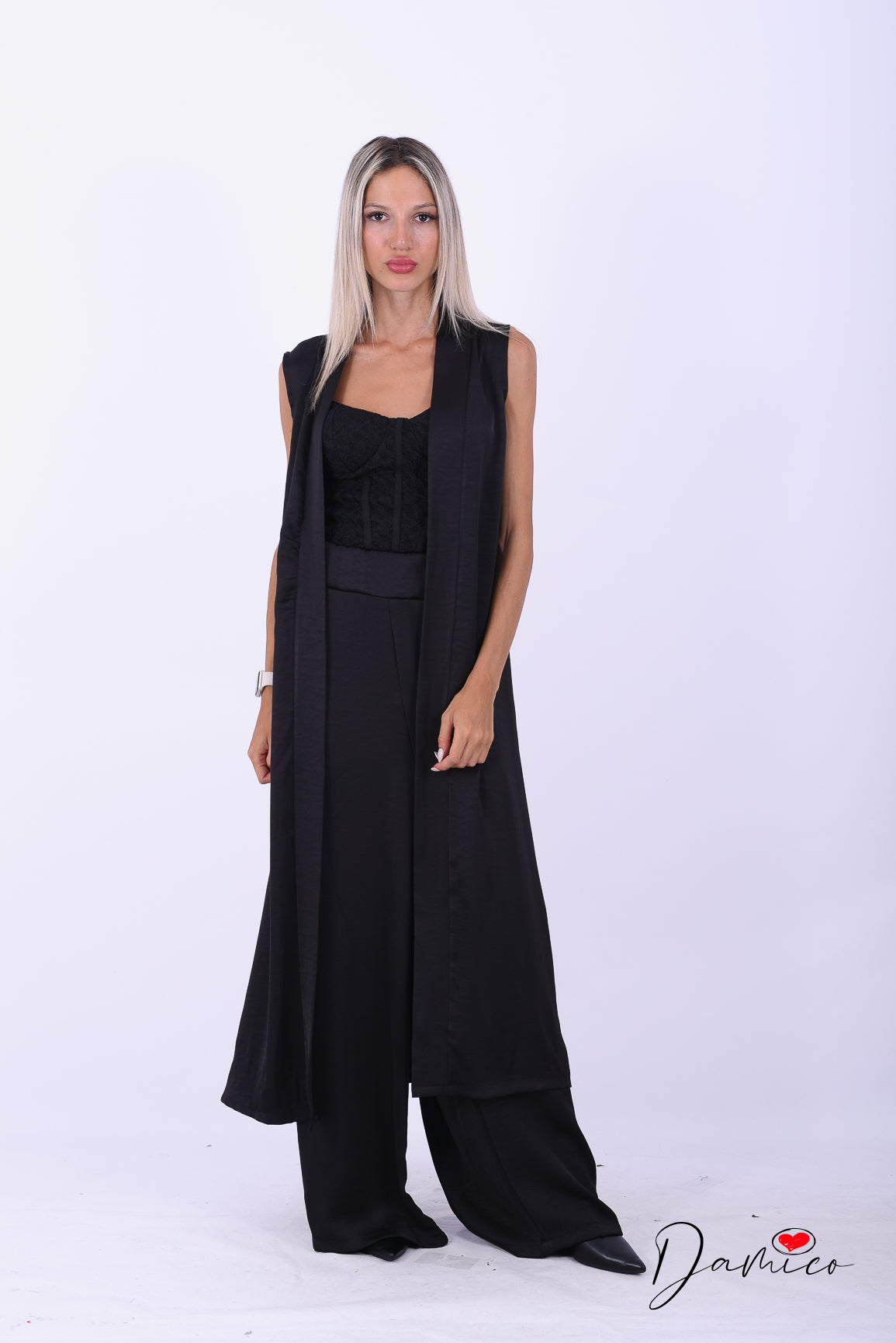 Completo gilet lungo + panta palazzo satin