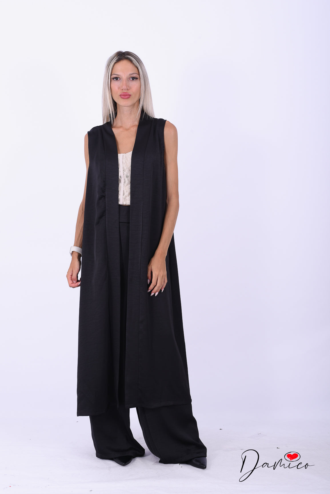 Completo gilet lungo + panta palazzo satin