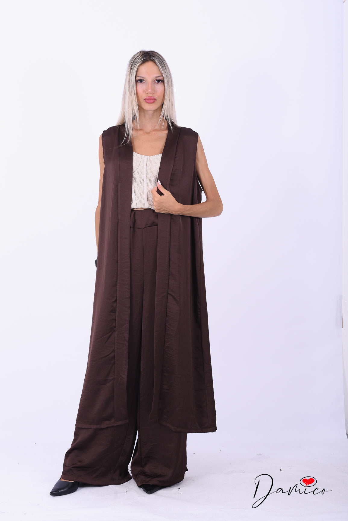 Completo gilet lungo + panta palazzo satin