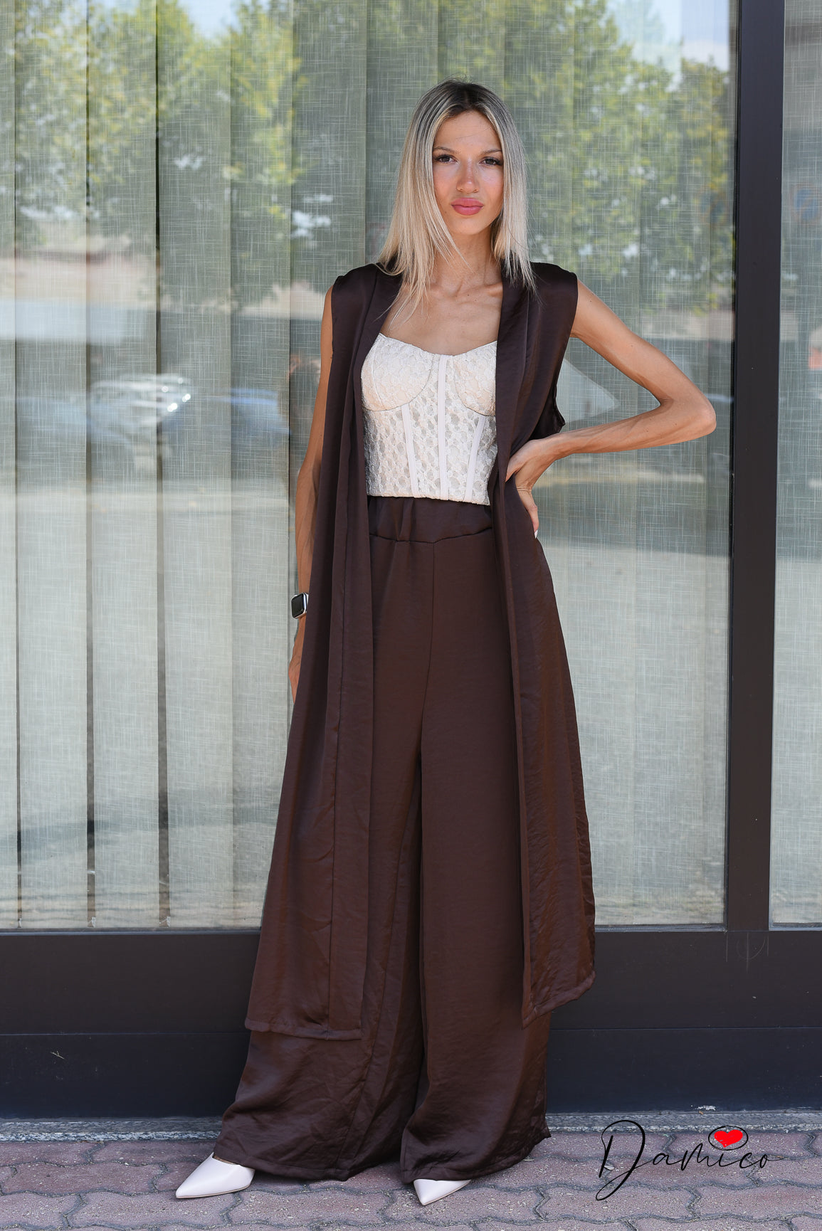 Completo gilet lungo + panta palazzo satin