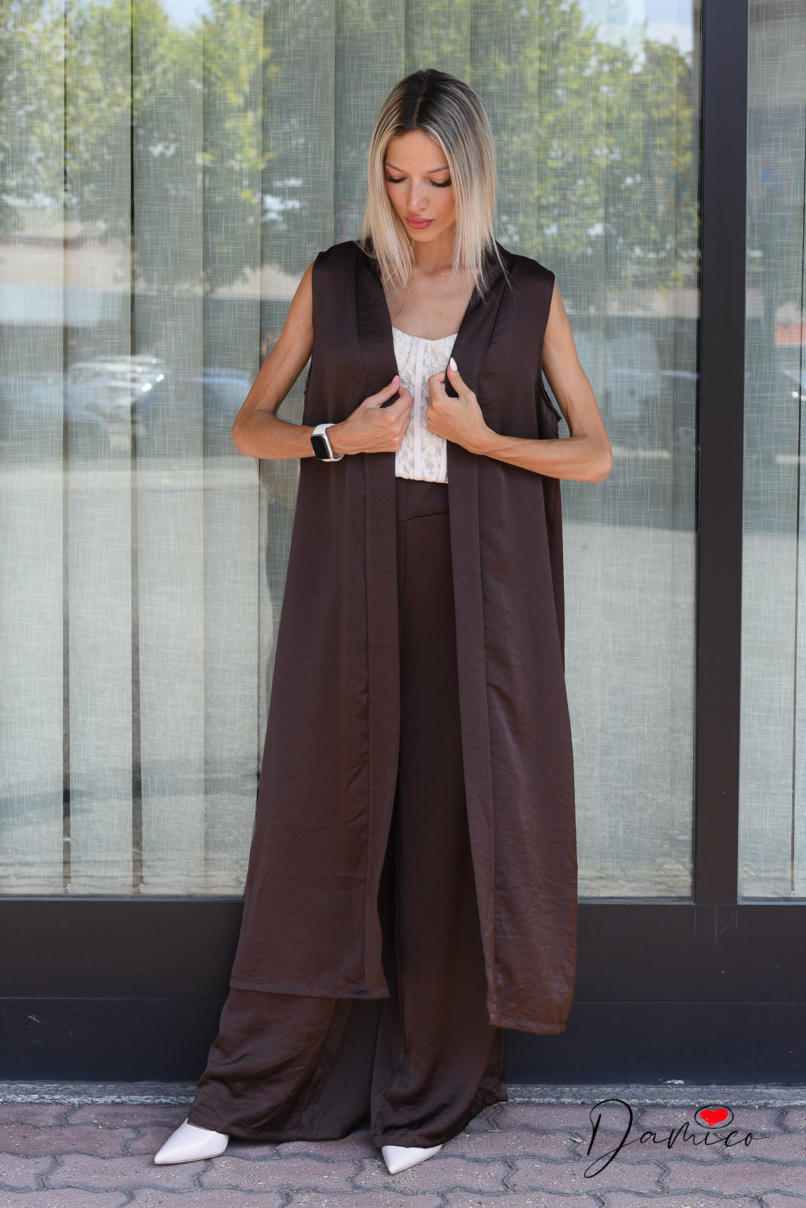 Completo gilet lungo + panta palazzo satin