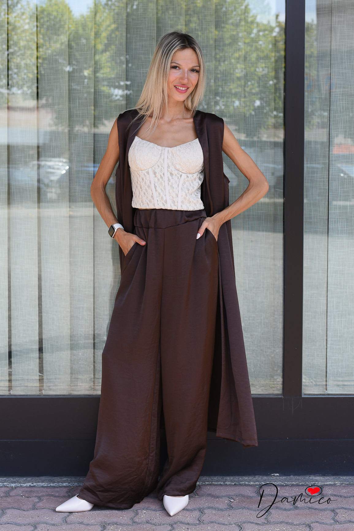 Completo gilet lungo + panta palazzo satin