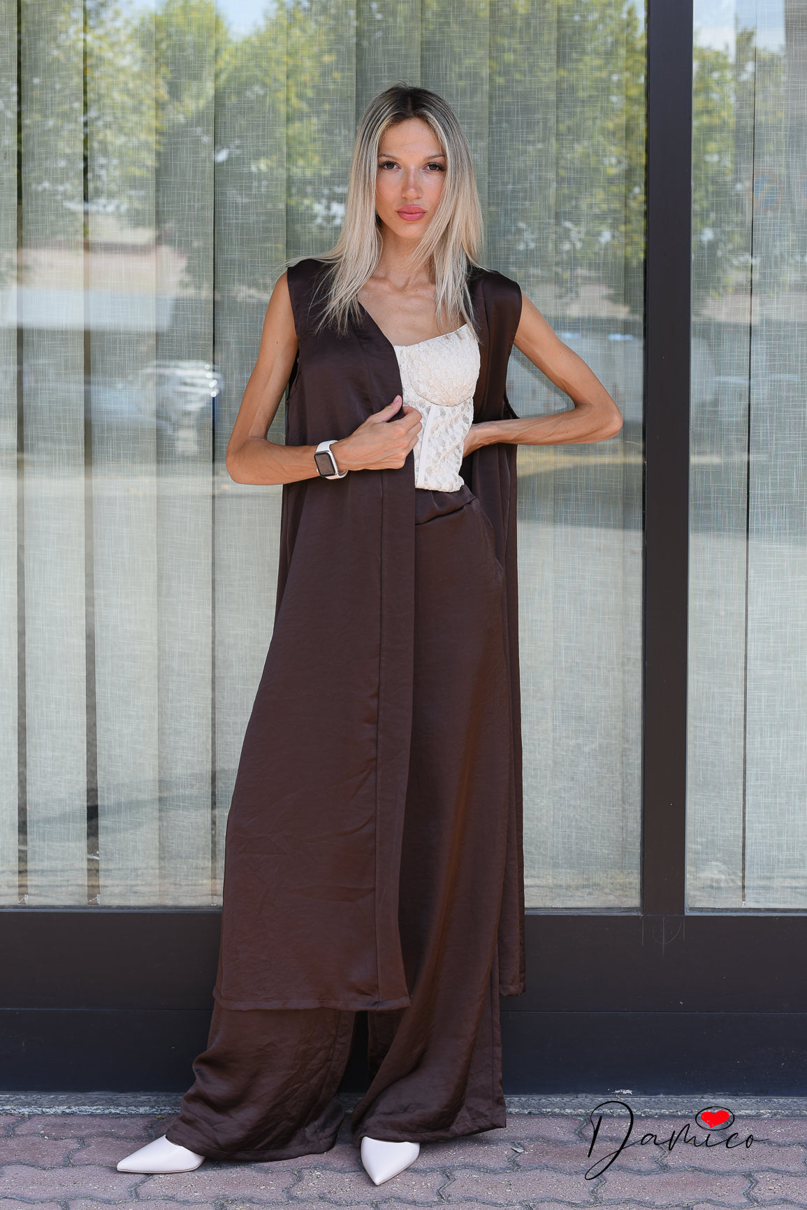 Completo gilet lungo + panta palazzo satin