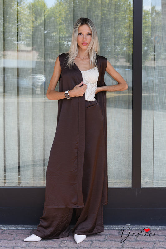 Completo gilet lungo + panta palazzo satin