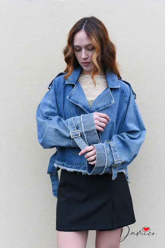 Giacca jeans over simil trench corto